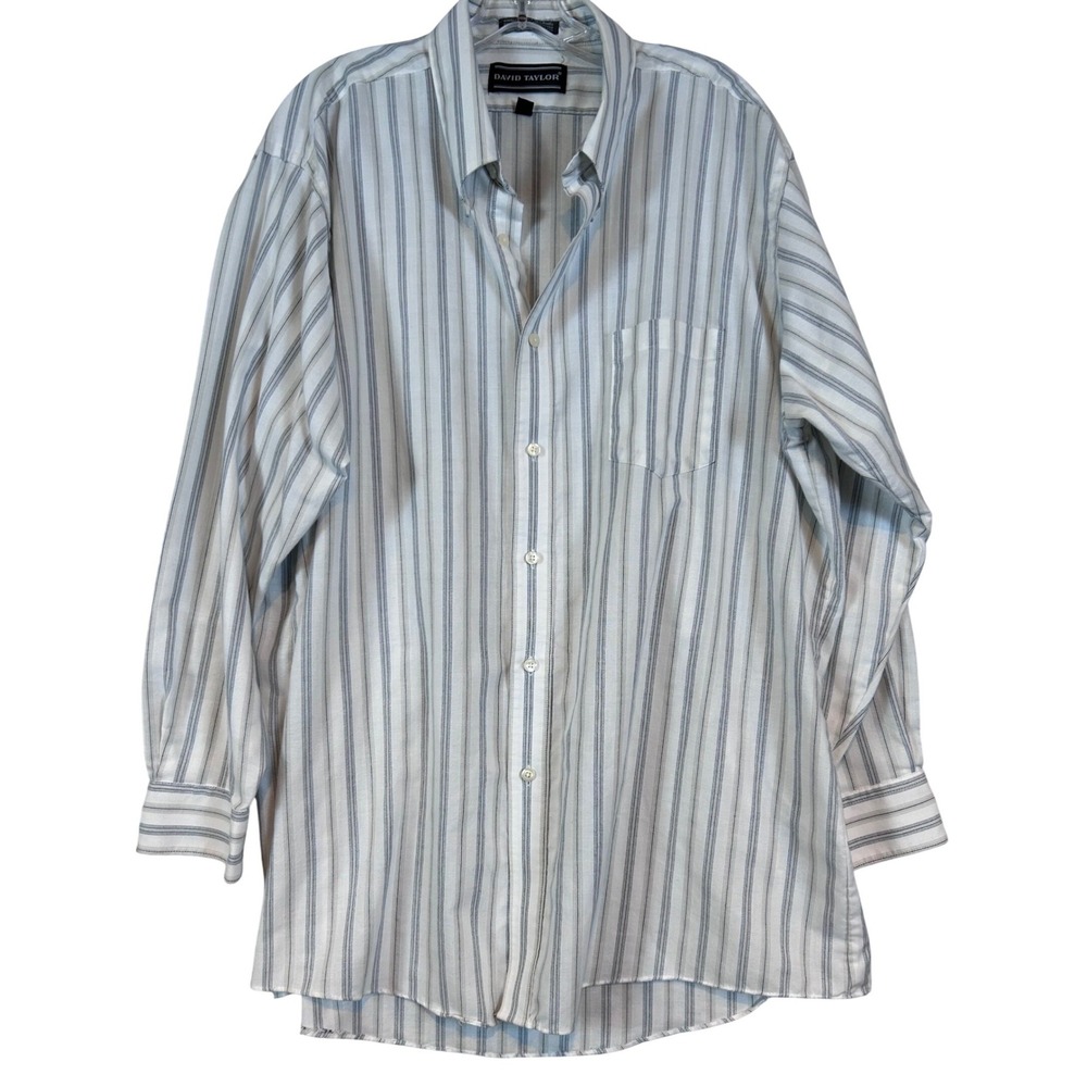 David Taylor Mens Striped Button Down Dress Shirt White Blue Grey 18.5‎ 34/35